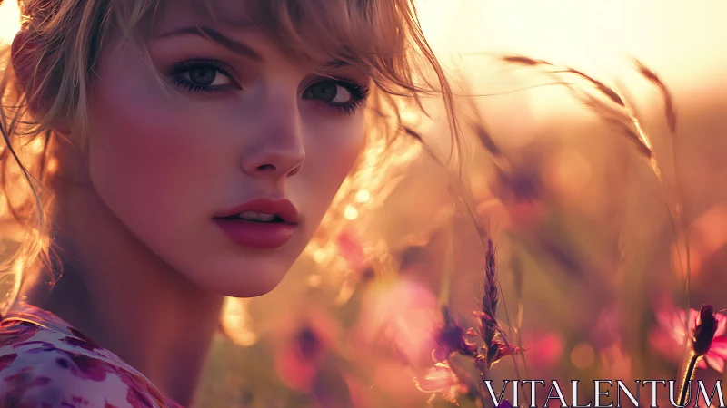 Golden hour portrait amid softly glowing wildflowers.
