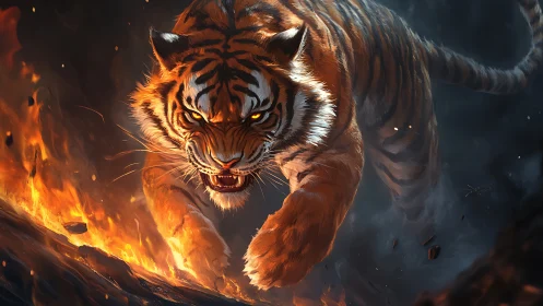 Fierce firelit tiger charging through glowing embers.