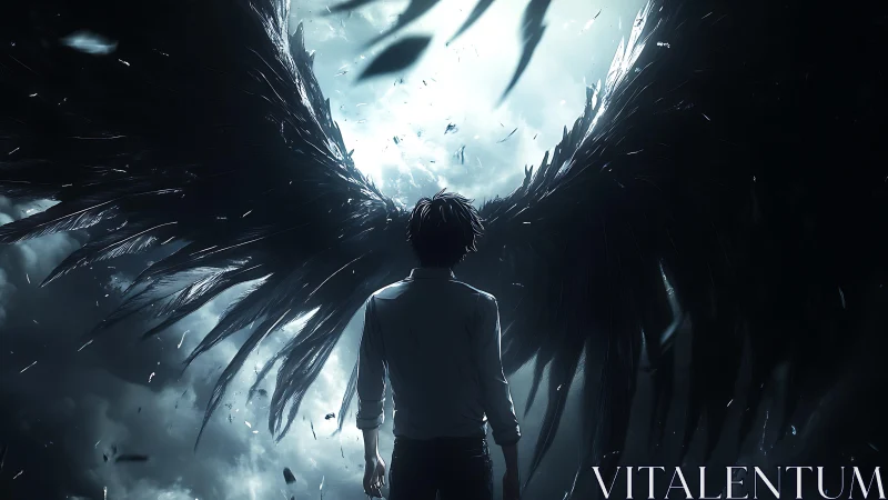 Dark winged figure rises against luminous storm sky