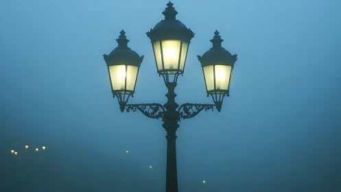Foggy night streetlamp with three glowing lanterns.