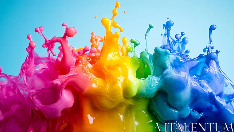 Vibrant rainbow paint splashes collide in dynamic motion