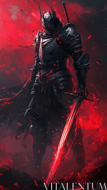 Bloodlit warlord pauses as embers orbit his cursed blade