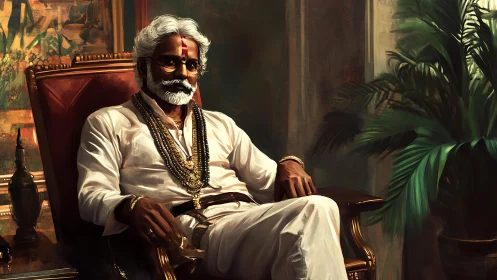 Regal elder in white seated on ornate chair in study.