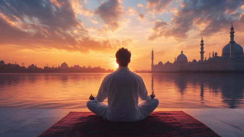 Man meditates beside reflective water at vivid sunrise