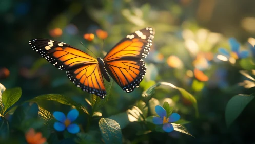 Sunlit monarch butterfly drifts gently above a blooming garden