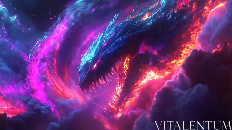 Radiant cosmic dragon coils through neon fire and storm clouds
