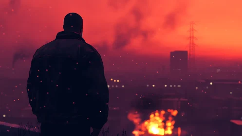 Lone figure watches burning city under a scarlet sky.