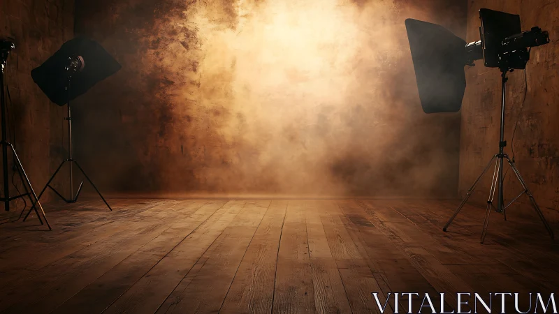 Warm cinematic studio set with fog, strobes and wooden floor.