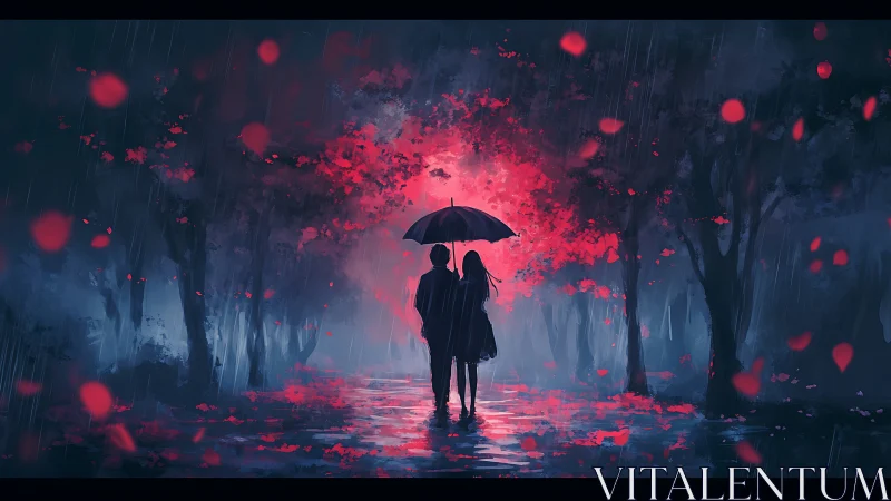Couple Under Umbrella in Rainy Night Forest Glowing Red
