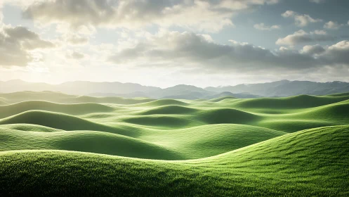 Sunlit green waves rolling across a peaceful valley.