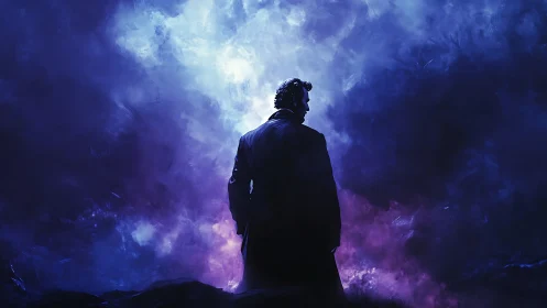 Solitary figure stands in swirling violet cosmic fog.