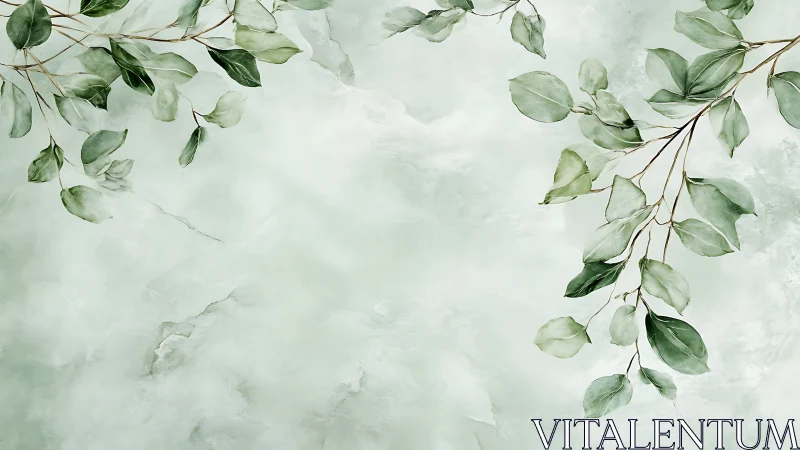 Soft green foliage drifts across a misty watercolor sky.