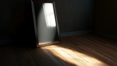 Leaning mirror in soft window light on quiet wooden floor.