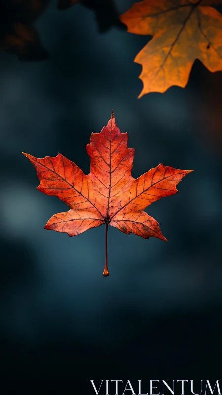 Solitary maple leaf glows against deep teal bokeh background