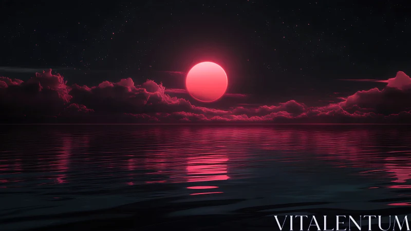 Neon crimson moon sinks over reflective cosmic ocean.