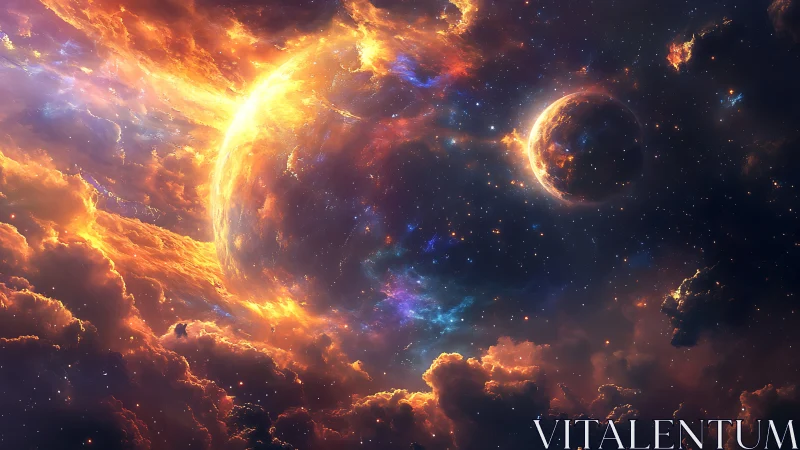 Dual planets within nebular plasma, high-saturation cosmic lighting