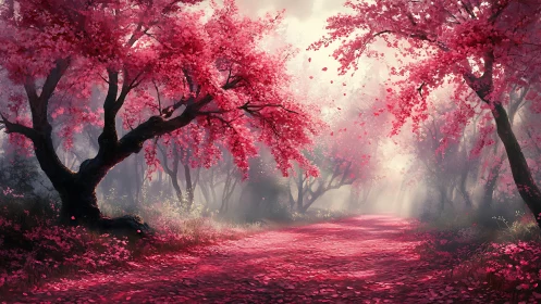 Digital path scene shows pink-blossomed trees under diffused light