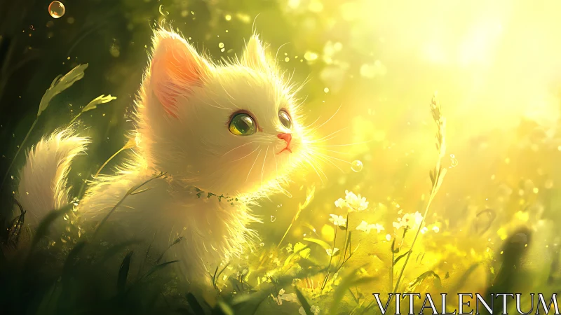 Fluffy white kitten bathed in glowing golden meadow light.