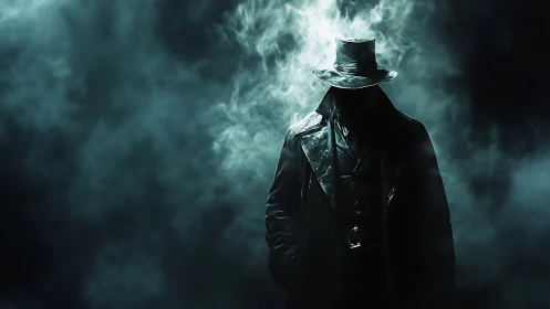 Mysterious trench coat wanderer in drifting night fog.