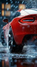 Rear-angle red sports coupe in dynamic wet-environment rendering.