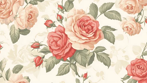 Vintage rose floral pattern with soft pastel leaves.
