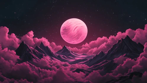 Neon moon rises above surreal pink clouds and peaks