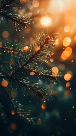 Golden evening light gently kisses a dewy pine branch