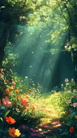 Enchanted Forest Clearing with Sunlit Flowers