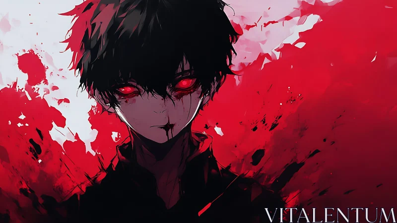 Bloodlit anime antihero with glowing crimson eyes portrait.