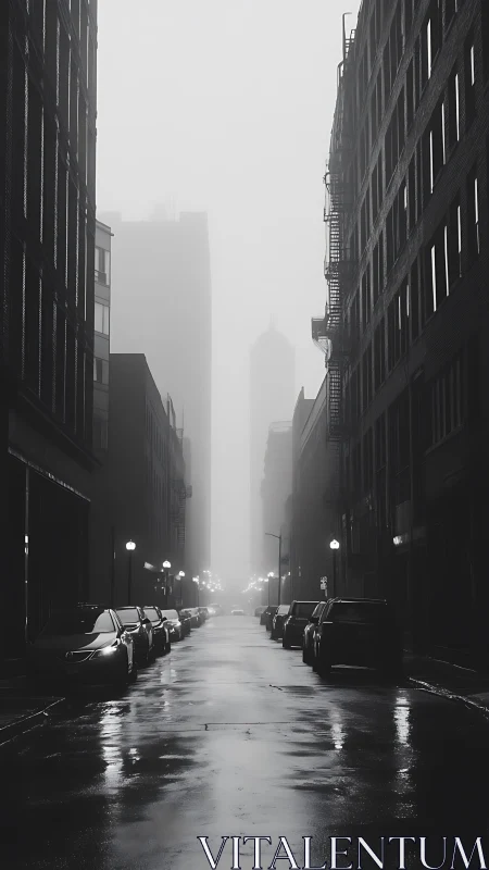 Foggy wet downtown alley with parked cars and moody contrast