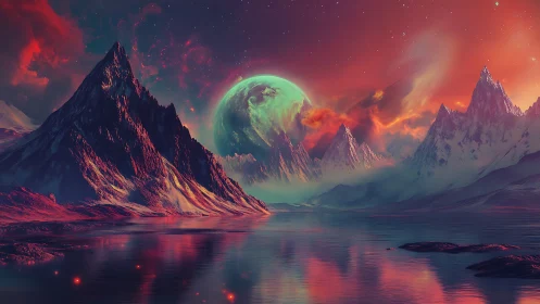 Neon aurora peaks guarding a turquoise alien moonrise.