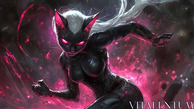 Midnight cyber feline lunges through electric magenta chaos