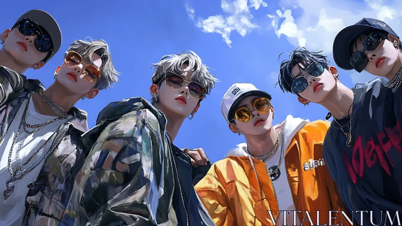 Six stylized youths pose in streetwear under clear blue sky