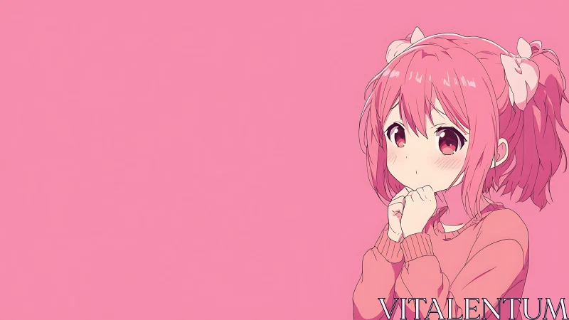 Shy pink haired anime girl against minimal blush backdrop.