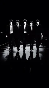 Silhouetted suited figures walking on reflective wet street.