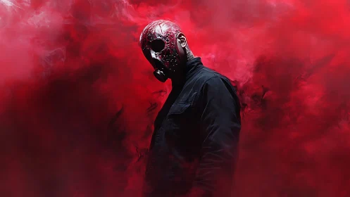 Masked wanderer in crimson smoke and electric mystery.