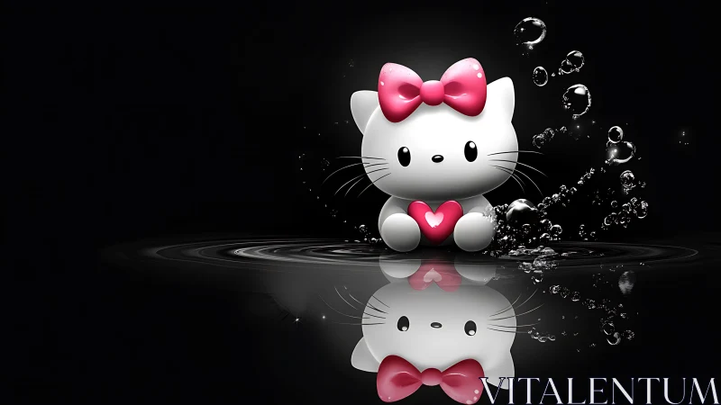Hello Kitty 3D figure with pink bow holding red heart amid water splashes