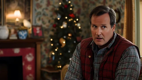 Middle-aged man sits indoors near decorated Christmas tree