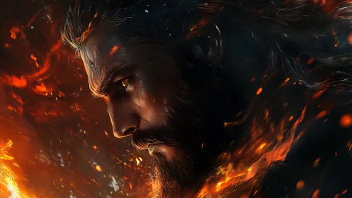 Fire-forged warrior&rsquo;s face emerges in swirling embers.