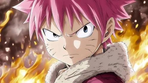Pink-haired anime warrior glares forward amid swirling fire