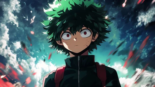 Green-haired anime student under dynamic cloudy sky background.