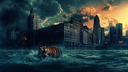 Tiger crossing flooded river before stormy city skyline.