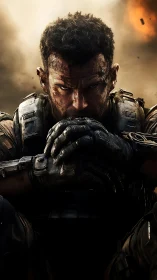 Brooding sci fi soldier pausing between battles in the dusk.