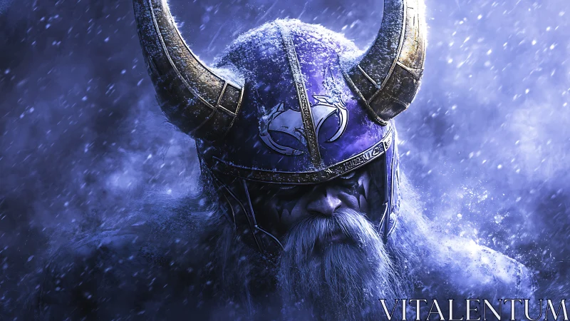 Frost-coated Viking warrior in horned helmet under dynamic snowfall