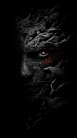 Volcanic ocular entity with ravens disintegrating into darkness.