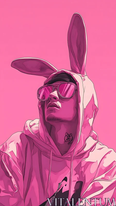 Monochrome magenta streetwear portrait with rabbit-hood profile.