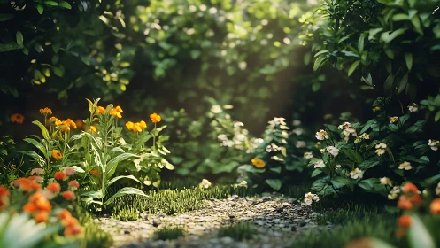 Sunlit flower path cuts through dense green garden.