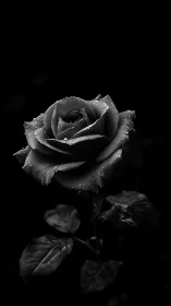 Single monochrome rose with water droplets occupies dark frame