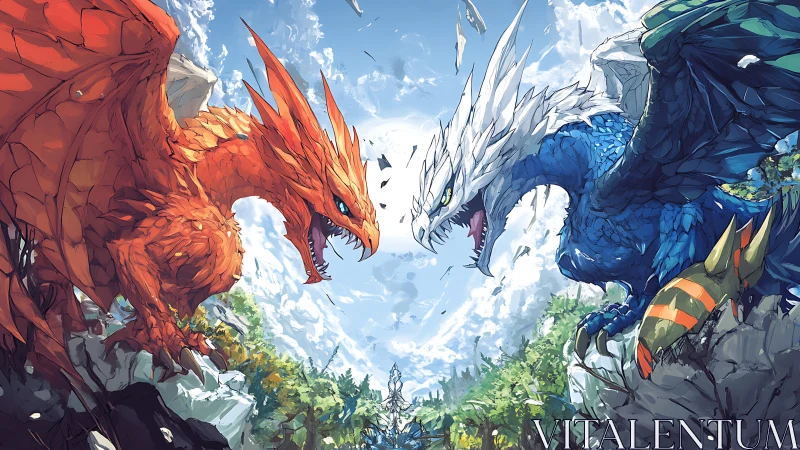 Two elemental dragons clash midair above rocky forest valley