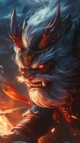 Fierce horned lion warrior channels blazing elemental fire